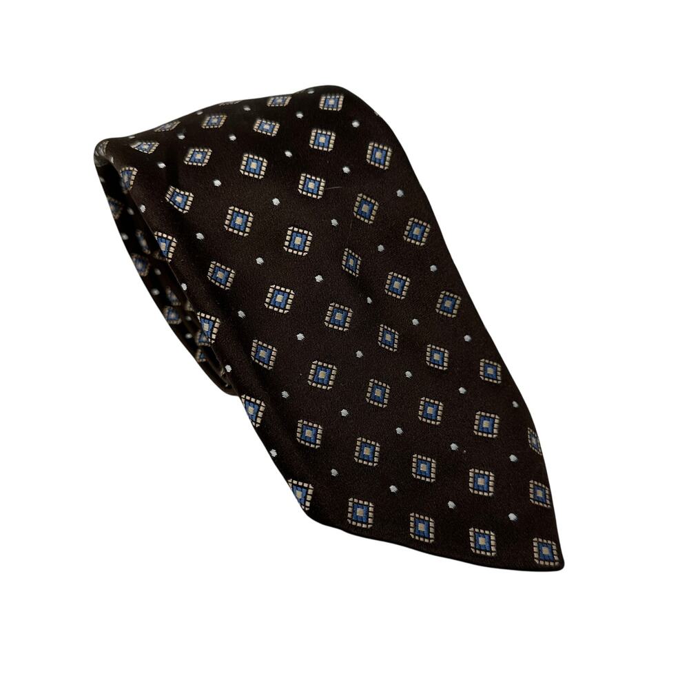 Vintage Givenchy Necktie Mens One Size Brown Blue Square Dot Print